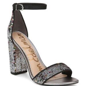 SAM EDLEMAN YARO MULTI SILVER SEQUIN BLOCK ANKLE STRAP 4" SANDAL